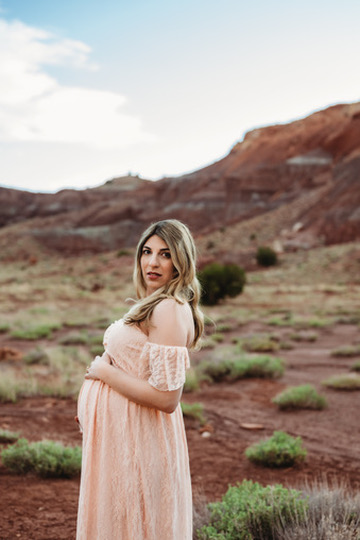 Ashley 26 weeks pregnant in a blush dress standing in a desert landscape in New Mexico